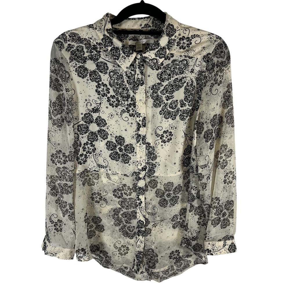 LC Lauren Conrad Womens Cream Black Floral Button Down Blouse Long Sleeve Size L